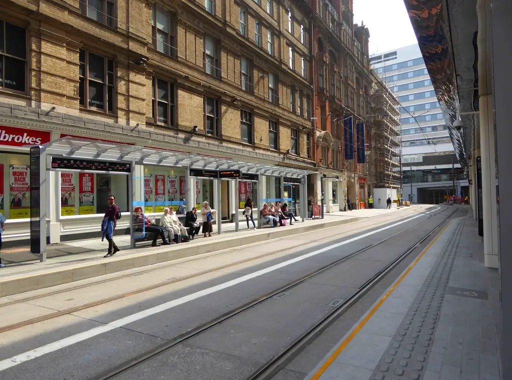 A tram at the Grand Central stop on Stephenson Street